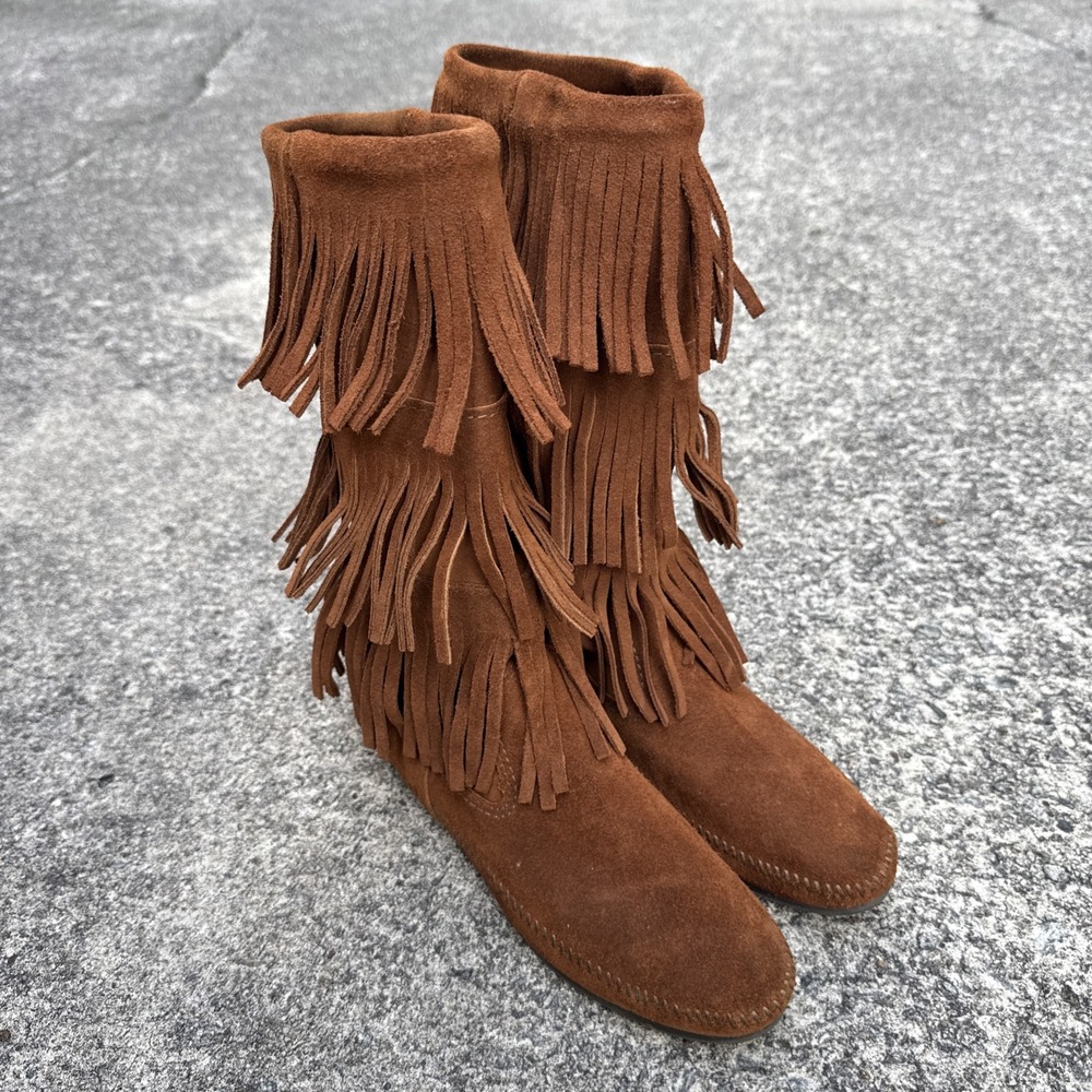 Minnetonka Moccasin 1632 Brown 3 Layer Fringe Boots Women Sz 9 Leather Festival